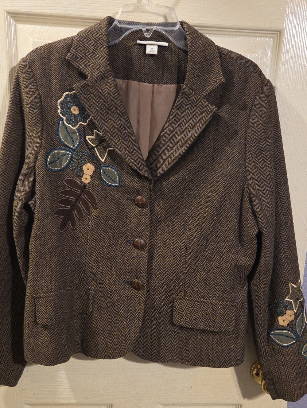 Vintage Dressbarn Brown Herringbone Embroidered Women’s Blazer Jacket